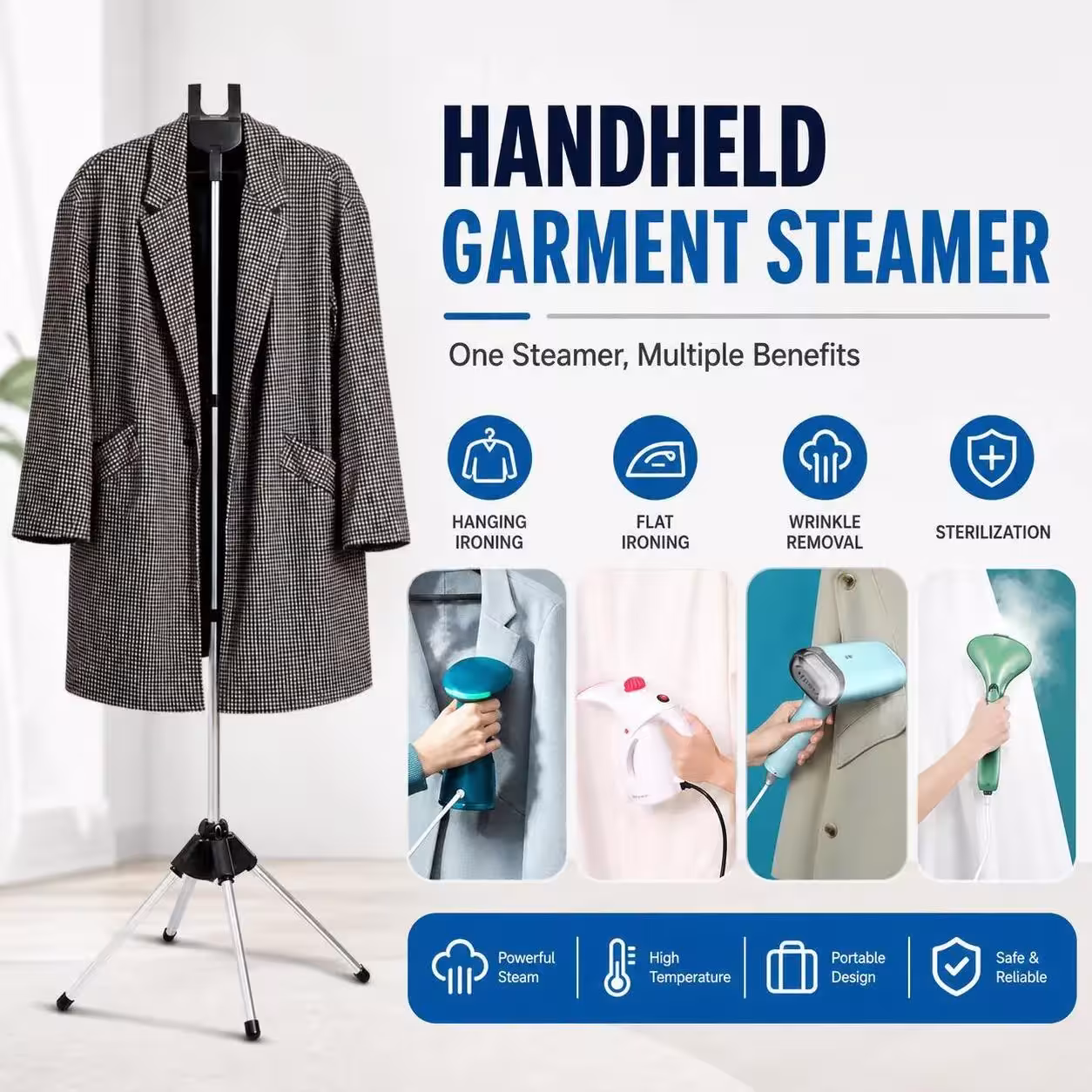 Foldable, adjustable height stand for steam iron, 84–160 cm