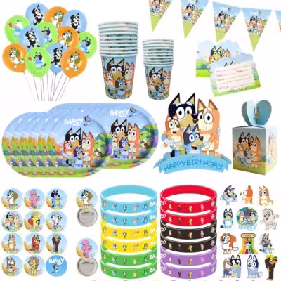 Blue Dog Birthday Party Decorative  Set with Candy Box Stamp Popcorn Box Napkins halloween tablecloth Gift Bag - Christmas Decor 1