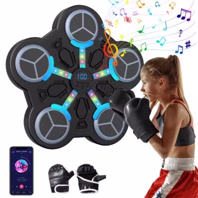 Smart Music Boxing Machine Bluetooth 5 Target Punch Pad LED Score Display 3 Speed Volume Adjustable Wall Mounted Boxing Trainer with Gloves 1