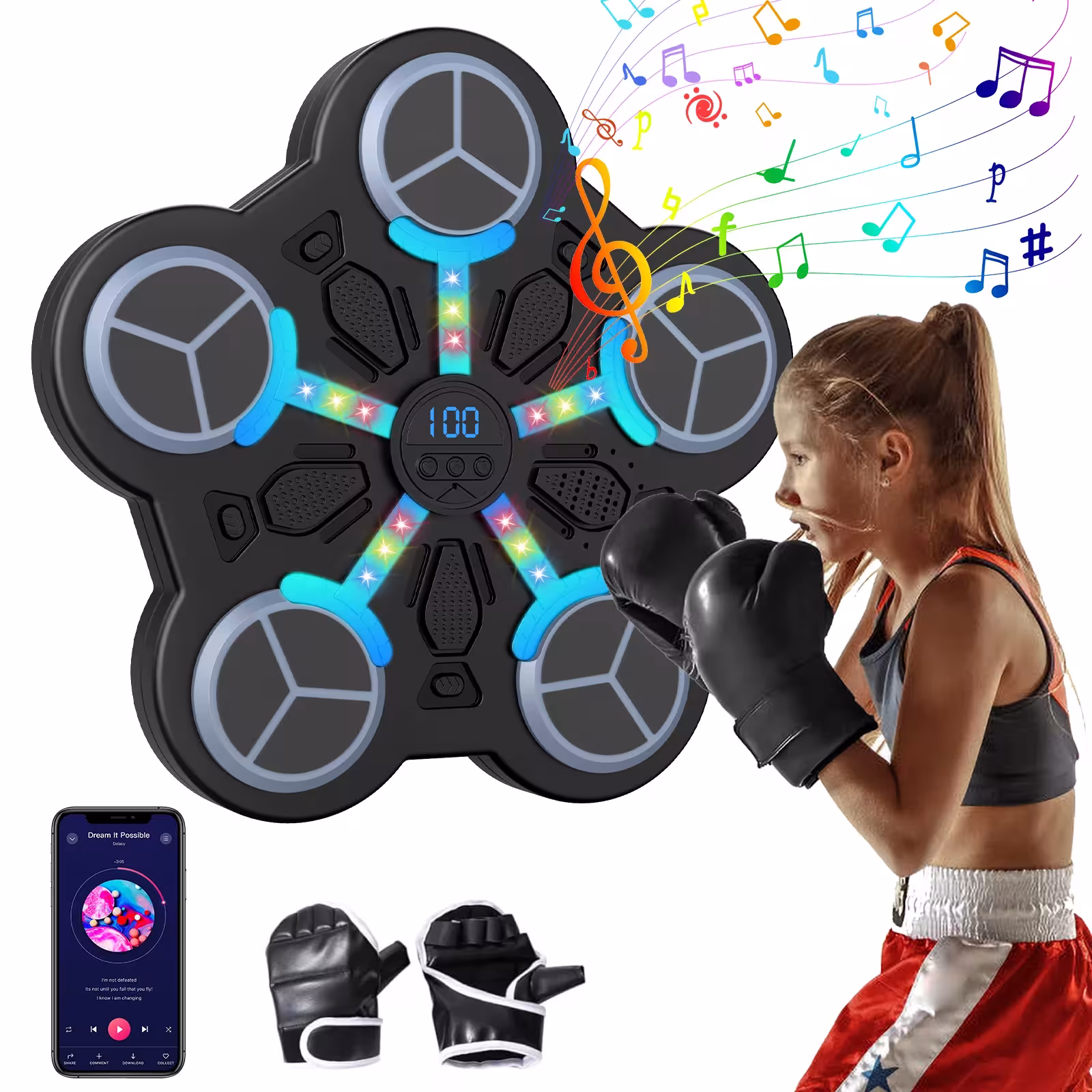 Išmanus muzikinis bokso treniruoklis su Bluetooth, LED ekranu ir pirštinėmis, tvirtinamas ant sienos
