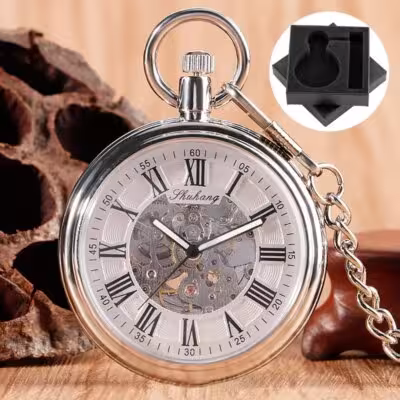 Silver/Bronze Automatic Mechanical Pocket Watch Open Face Roman Numerals Dial 30cm FOB Chain Self Winding Pocket Clock Gift Men 1