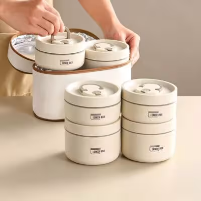 3pcs/4pcs Microwave Portable Insulated Food Container Lunch Box Stackable Round Bento Box with Insulated Lunch Bag Container for Adult Kids 1