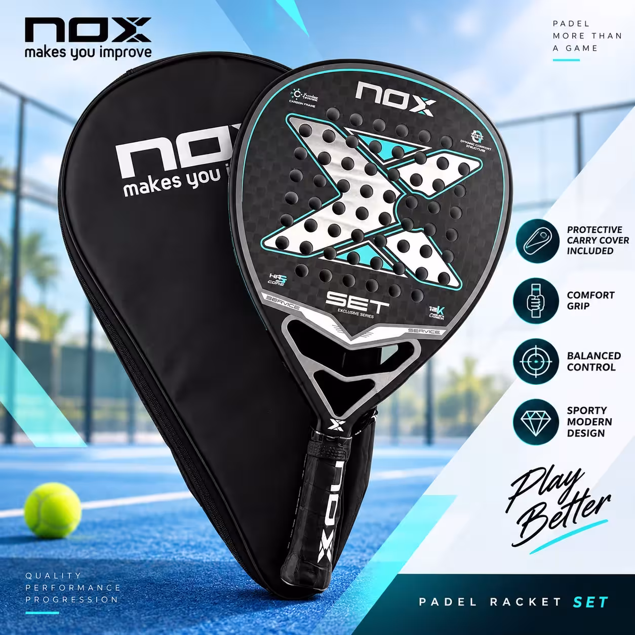 NOX 12K padel raketė su karbono pluošto paviršiumi ir EVA putų šerdimi