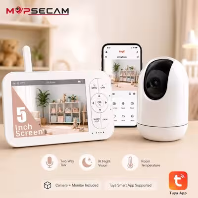 5 Inch WiFi Video Baby Monitor with Camera and Parent Screen Tuya Smart App Remote Viewing Two Way Talk Infrared Night Vision Room Temperature Alert PTZ Baby Camera Wireless Infant Security System for Nursery Bedroom Home Travel and Daily Family Care 1
