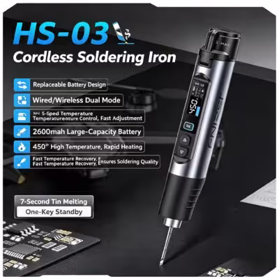 FNIRSI HS-03 Smart Cordless Soldering Iron 10W Portable Rechargeable Solder Pen 100-450℃ 0.96" IPS HD Color Screen Type-C Fast 1