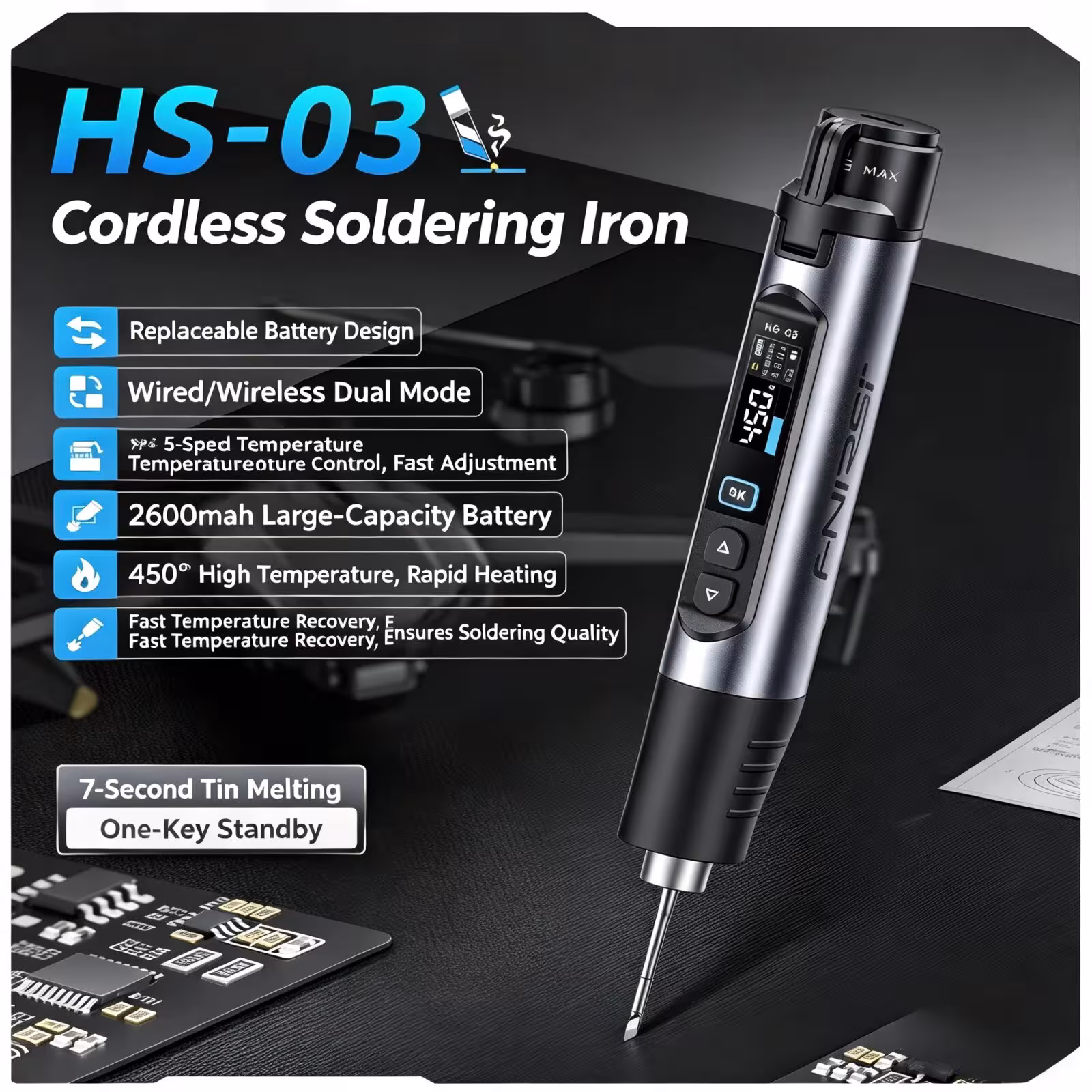 Soldador inalámbrico inteligente FNIRSI HS-03 de 10W, portátil, recargable, 100-450℃, pantalla IPS, Type-C