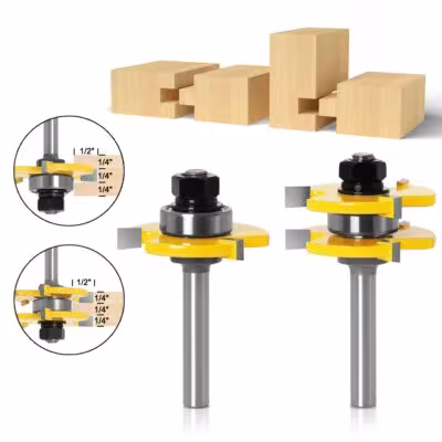 2PCS 1/4"1/2" 6mm 8mm 12mm Shank Tongue & Groove Router Bit Set 3-Tooth T-Type Tenon Cutter Milling Cutter for Woodworking 1