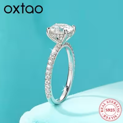 OXTAO Classic Engagement Ring 925 Sterling Sliver with Certified Moissanite Wedding Promise Rings for Women Jewelry 8mm 2CT 1