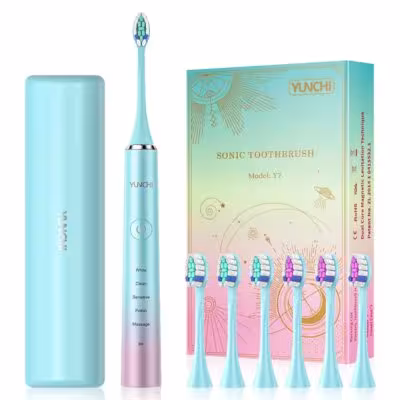 Yunchi Electric Toothbrush Tooth brush USB Rechargeable Adult Ultrasonic Teeth Cleaning 6 Replacement Toothbrush Heads 1