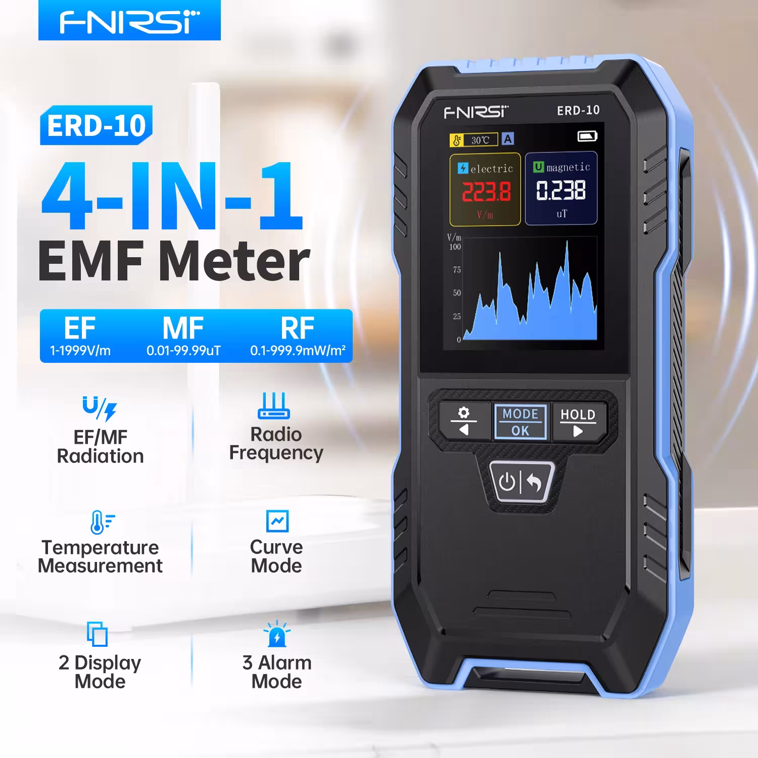 FNIRSI ERD-10 4-in-1 elektromagnetinės spinduliuotės detektorius su temperatūros matavimu