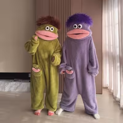 New Big Mouth Monster Cute Funny Onesie Pajamas Thickened Coral Fleece Homewear For Couples Men Women Autumn Cartoon Pajamas 1