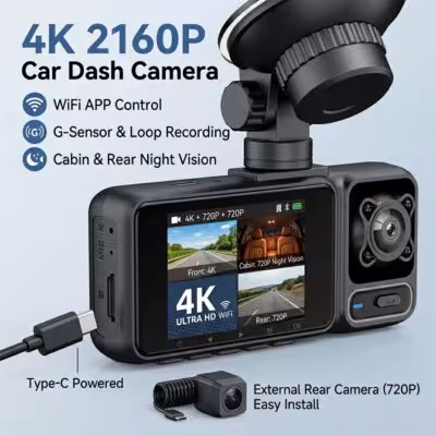 4K Dash Cam 3 Lens Driving Recorder WiFi Car DVR Front Inside Rear Triple Camera 2160P UHD Video Recorder 24H Parking Monitor 1