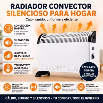 2000W Silent Electric Convector Radiator with 3 Power Levels, Adjustable Thermostat and Overheating Protection, Wall or Floor Heater for Home or Office 1