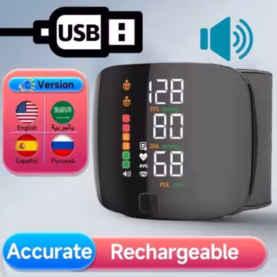 English/ Russian / Arabic / Spanish Voice Broadcast Tonometer BP Monitor New Touch LED Rechargeable Wrist Blood Pressure Monitor 1