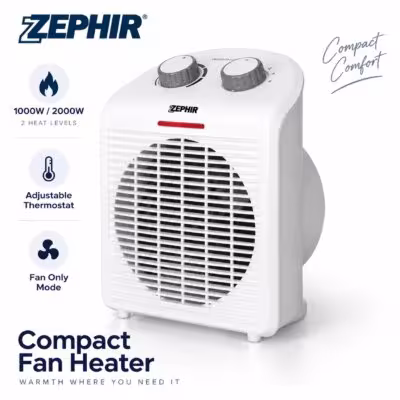Zephir ZTRM5 Portable Fan Heater 2000W Electric Space Heater with Adjustable Thermostat, 2 Heat Levels, Fan Only Mode, Overheat Protection for Home Office Bathroom 1