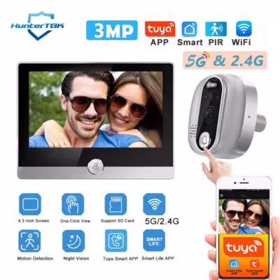3MP 5Ghz 2.4Ghz WiFi Door Bell Peephole Camera 1080P Tuya Smart Life 5000mAh PIR Motion Detect IR Video Doorbell Digital Viewer 1