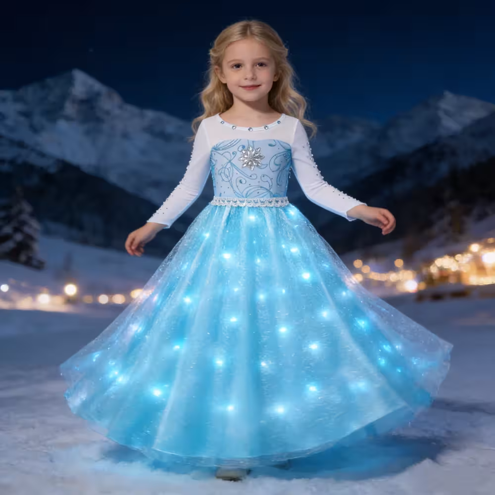 La robe LED Elsa pour filles est une robe de princesse lumineuse, conçue pour chaque petite fan de la princesse Snow Queen, qui rêve d'un véritable conte de fées. Cette robe LED Elsa est parfaite pour les anniversaires, Halloween, Noël ou simplement pour jouer à la maison. La robe permet à l'enfant de se sentir comme une véritable princesse régnant sur le royaume de glace et de créer des moments inoubliables avec ses amis ou sa famille.