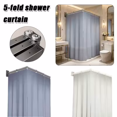 Folding Shower Curtain Set, Invisible Shower Partition, Bathroom, Waterproof, Polyester, Retractable Dry-Wet Separation, Foldable Retractable Shower Curtain Set, Invisible Waterproof Bathroom Partition, Aluminum Alloy Frame with Honeycomb Layer Rust-Proof 1