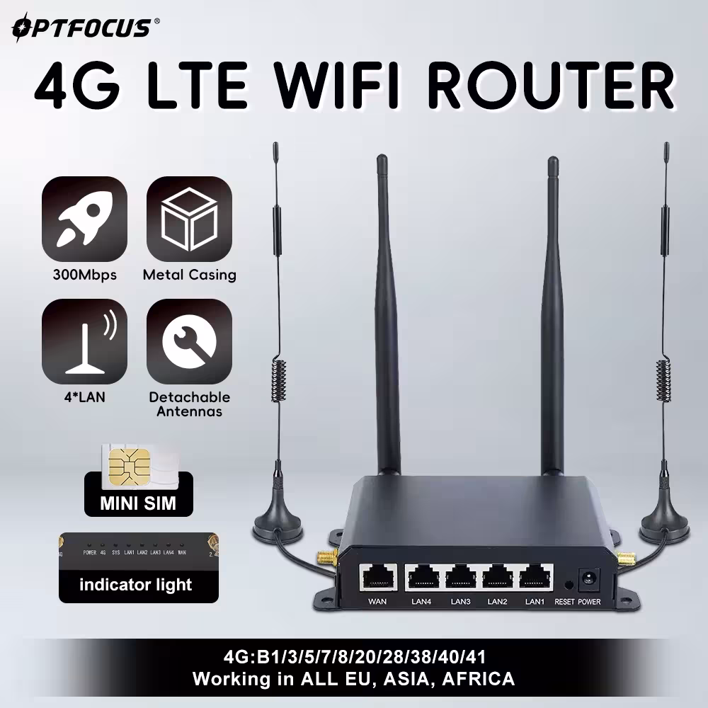 OPTFOCUS 4G LTE WiFi maršrutizatorius 300Mbps su 4 nuimamomis antenomis, SIM kortelės lizdu