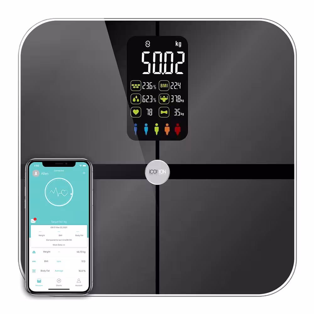 Balance de salle de bain intelligente - analyseur de graisse corporelle et d'IMC avec grand écran